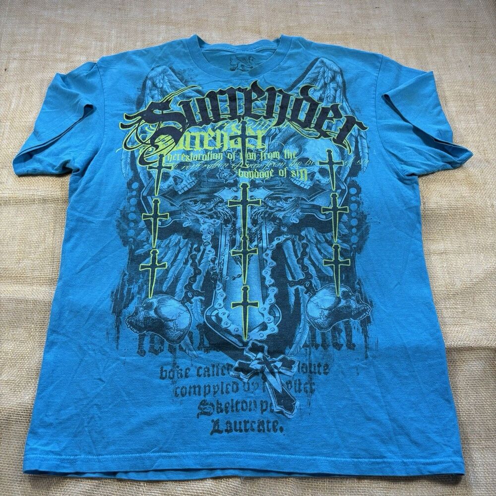Vintage Y2K Men's Chemistry "Surrender" AOP Blue T-shirt Crosses Skulls Size XL